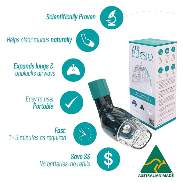 AirPhysio key features: scientifically proven, helps clear mucus naturally, expands lungs, easy to use, fast, no batteries or refills