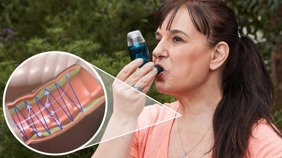 Woman breathing out through an AirPhysio device, with an inset showing vibrations inside an airway